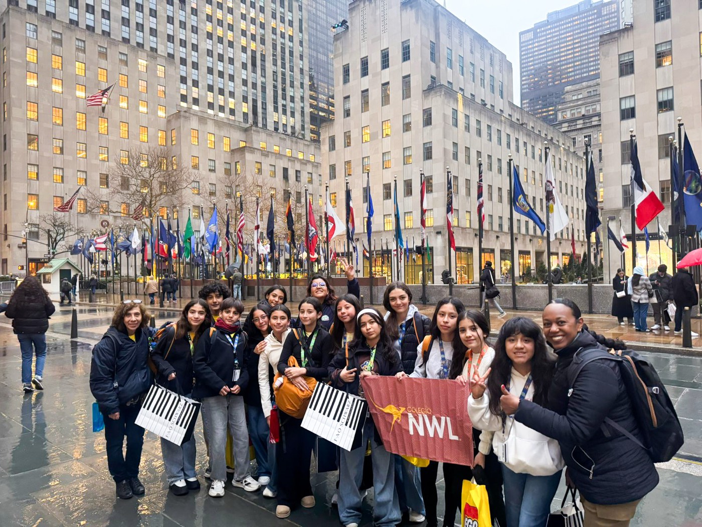 NWL students on an international trip at Rockefeller Center, New York